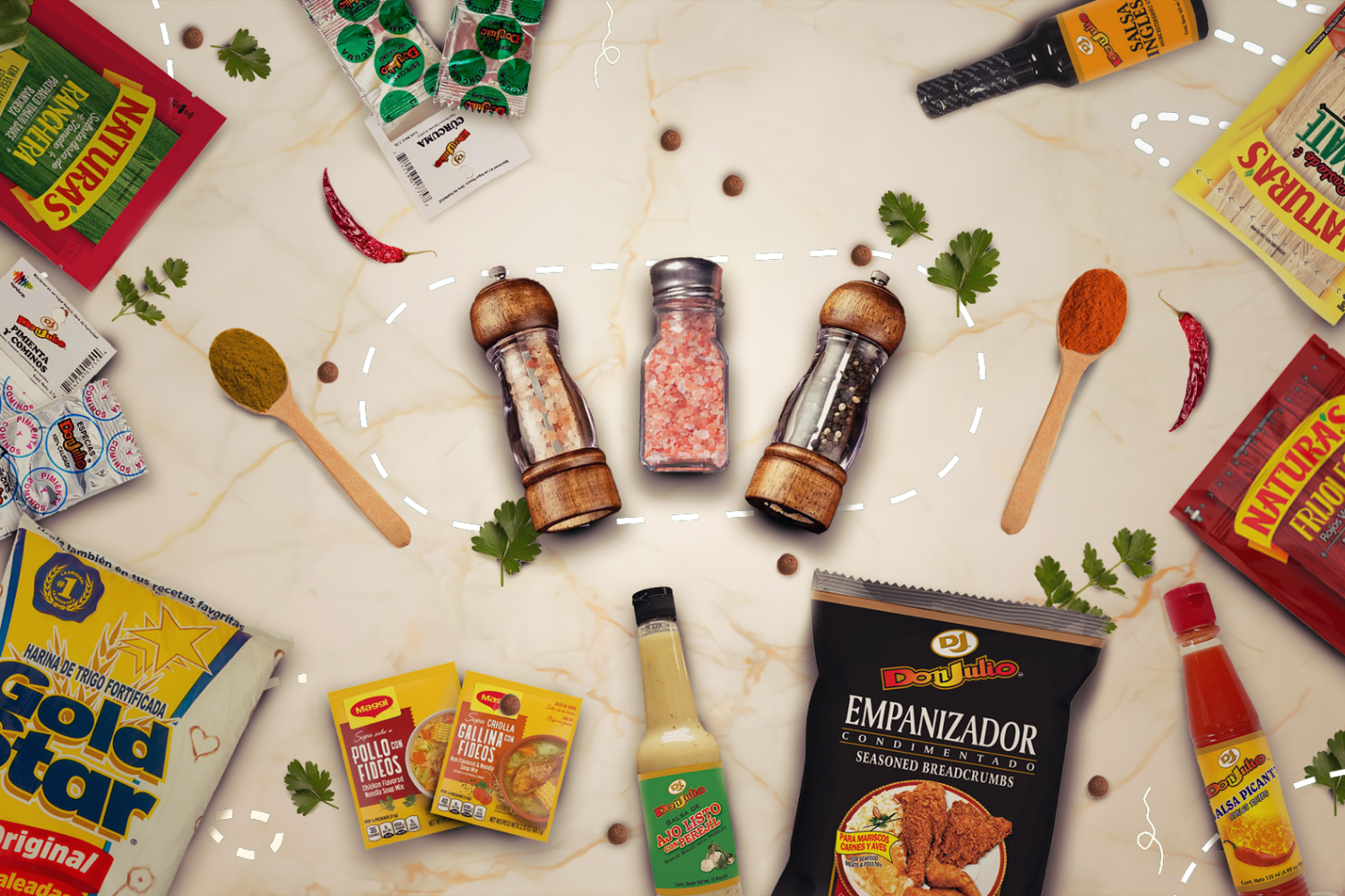 Imagen de varios insumos para condimentar y cocinar platillos latinoamericanos. Entre ellos productos Naturas, Don Julio y otros.