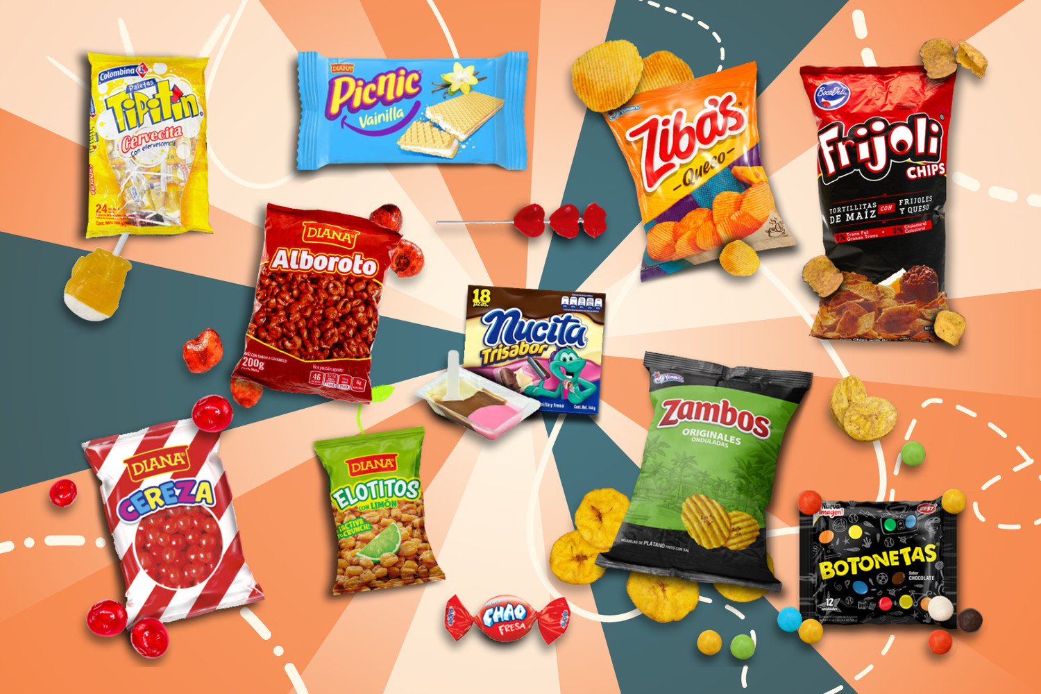 Varios dulces populares entre el publico latino con fondo colorido
